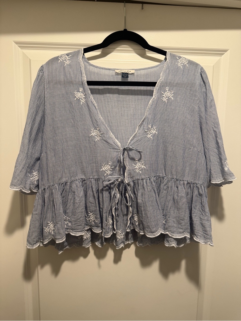 American Eagle Blue/White Striped Embroidered Tie-Front Peplum Top Sz XL